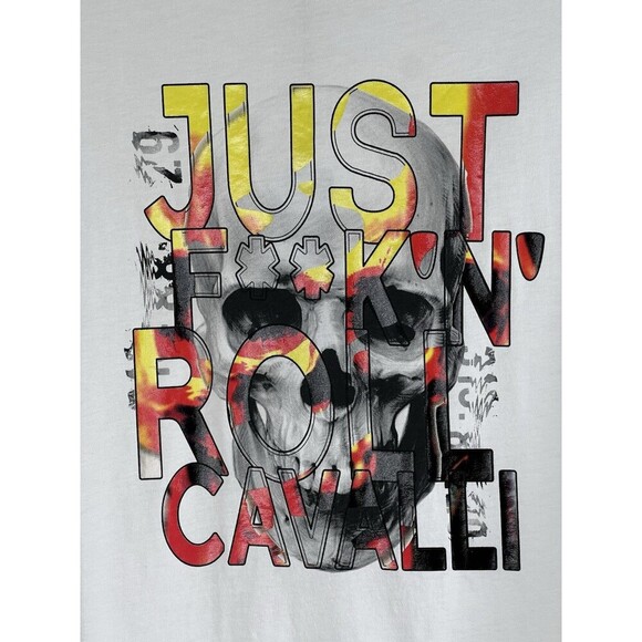 Just Cavalli Mens White Skull Tee Shirt "JUST F**K'N' ROLL CAVALLI" Crew Neck L - Picture 11 of 11